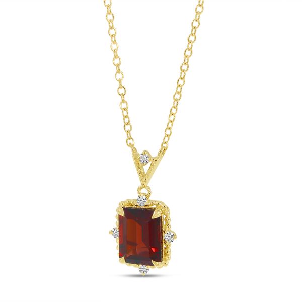 14K Yellow Gold Emerald-Cut Garnet & Diamond Beaded Halo Necklace Image 2 Lewis Jewelers, Inc. Ansonia, CT