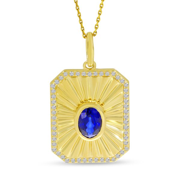 14K Yellow Gold Oval Sapphire & Diamond Burst Pendant Image 3 Rick's Jewelers California, MD