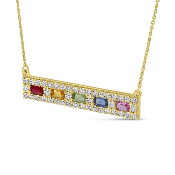 14K Yellow Gold Rainbow Sapphire & Diamond Bar Necklace Image 2 Lake Oswego Jewelers Lake Oswego, OR