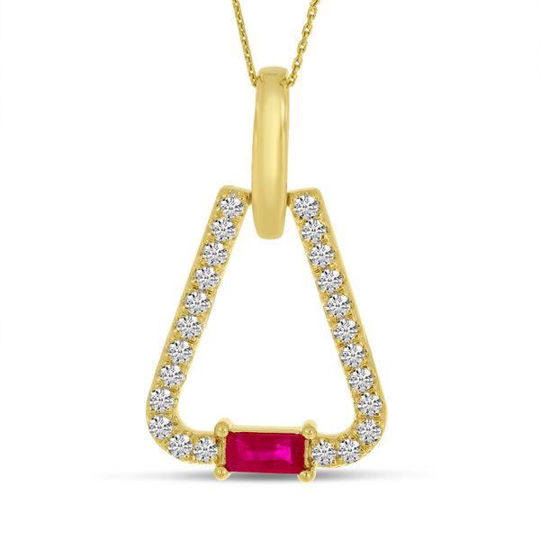 14K Yellow Gold Ruby & Diamond Open Triangle Pendant Image 3 Priddy Jewelers Elizabethtown, KY