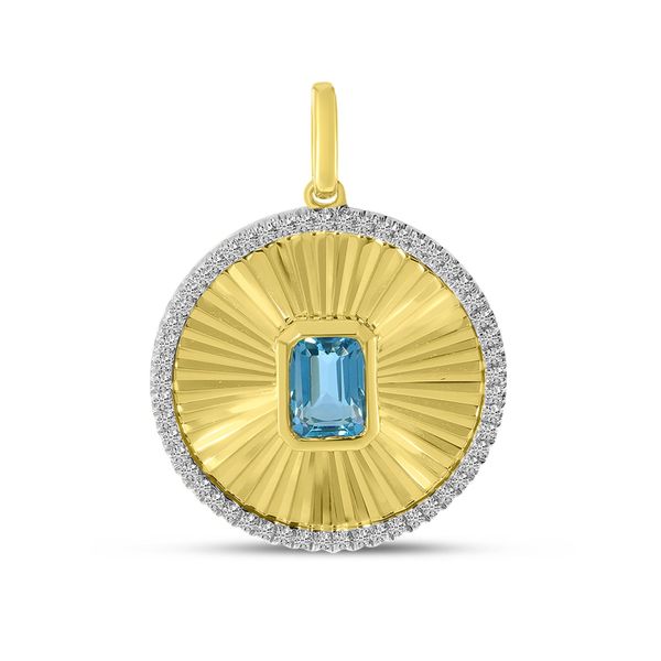 14K Yellow Gold Octagon Blue Topaz and Diamond Fluted Disc Pendant Lennon's W.B. Wilcox Jewelers New Hartford, NY
