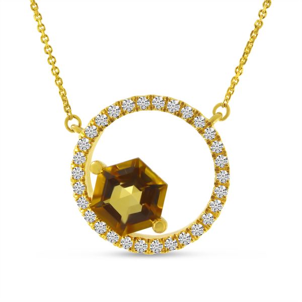 14K Yellow Gold Hexagon Citrine Diamond Circle Semi Precious 18 inch Necklace John Herold Jewelers Randolph, NJ