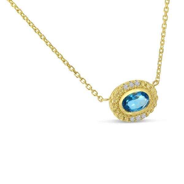 14K Yellow Gold Semi-Precious Oval Blue Topaz and Diamond Halo Necklace Image 2 Priddy Jewelers Elizabethtown, KY