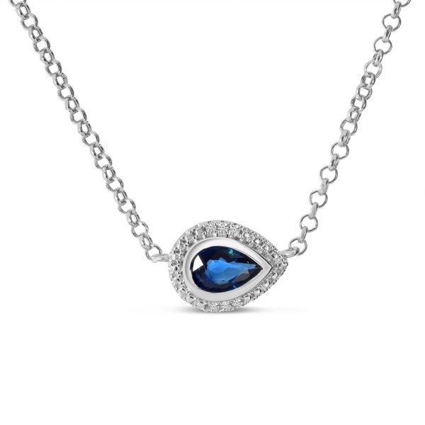 14K White Gold Precious Sapphire Pear and Diamond Halo Necklace Karen's Jewelers Oak Ridge, TN