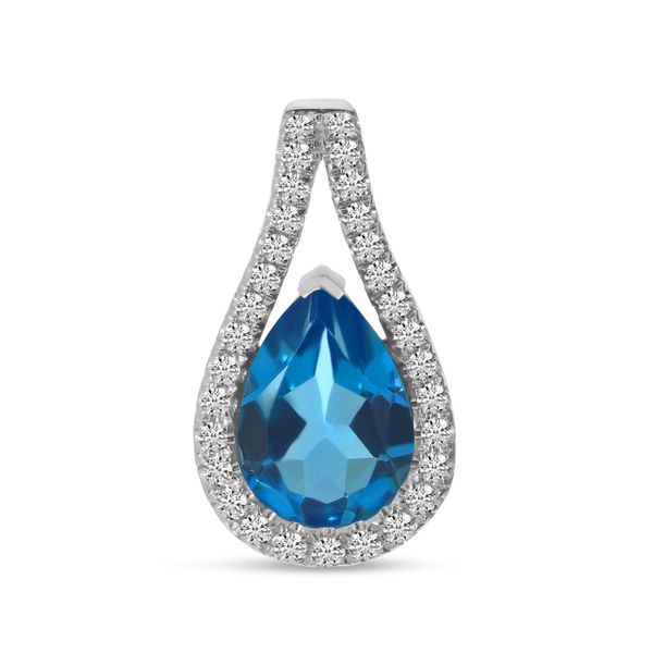 14K White Gold Pear Cut Blue Topaz Diamond Halo Pendant Priddy Jewelers Elizabethtown, KY