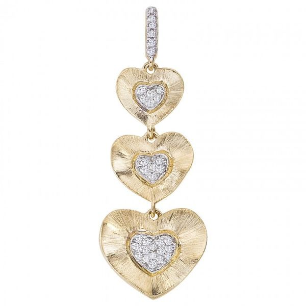 14K Brushed Yellow Gold Triple Heart Pendant With .07 Ct Diamond Accents