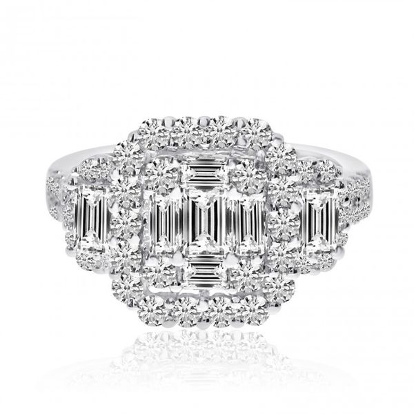 14K White Gold 2.35 Ct. Baguette and Round Diamonds Cushion Shape Ring Castle Couture Fine Jewelry Manalapan, NJ