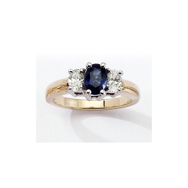 14K Yellow Gold Three Stone 7x5 Oval Sapphire and .50 Ct Diamond Ring Windham Jewelers Windham, ME