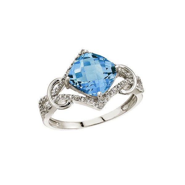 14K White Gold Blue Topaz and Diamond Cushion Ring Priddy Jewelers Elizabethtown, KY