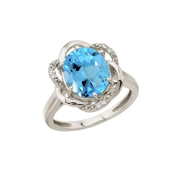 14K White Gold 11x9 Oval Blue Topaz and Diamond Swirl Ring Clater Jewelers Louisville, KY