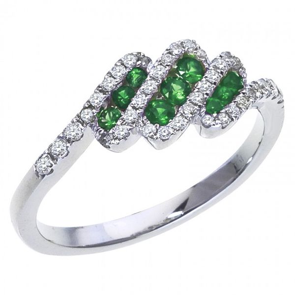 14K White Gold Three Row Round Emerald and Diamond Precious Fashion Ring The Jewelry Source El Segundo, CA