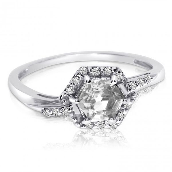 14K White Gold 6mm Hexagon Blue Topaz and Diamond Fashion Semi Precious Ring Glatz Jewelry Aliquippa, PA