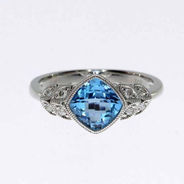 14K White Gold Blue Topaz Cushion Diamond Leaf Fashion Ring LeeBrant Jewelry & Watch Co Sandy Springs, GA
