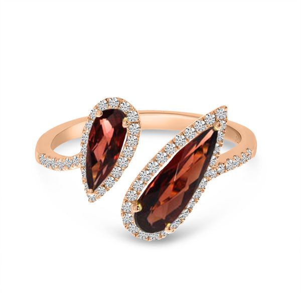 14K Rose Gold Offset Duo Semi Precious Pear Garnet & Diamond Ring Priddy Jewelers Elizabethtown, KY
