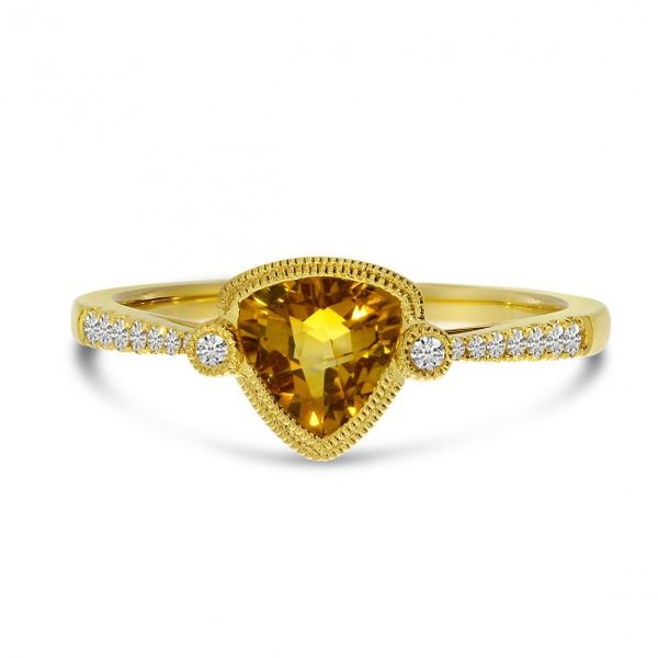 14K Yellow Gold Trillion Citrine and Diamond Millgrain Semi Precious Ring Lake Oswego Jewelers Lake Oswego, OR