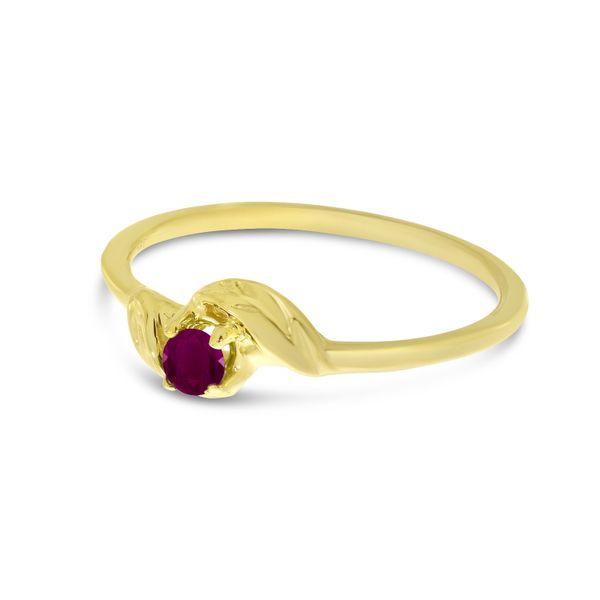10K Yellow Gold 3mm Round Ruby Birthstone Leaf Ring Image 3 LeeBrant Jewelry & Watch Co Sandy Springs, GA