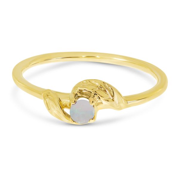 10K Yellow Gold 3mm Round Opal Birthstone Leaf Ring Image 2 Lewis Jewelers, Inc. Ansonia, CT