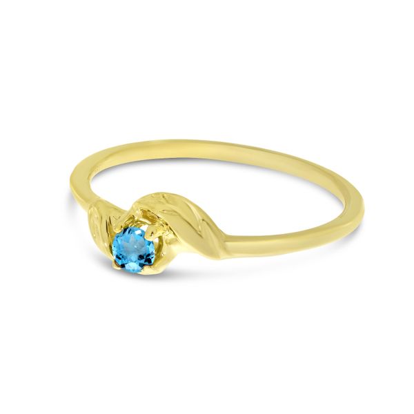 10K Yellow Gold 3mm Round Blue Topaz Birthstone Leaf Ring Image 3 Lewis Jewelers, Inc. Ansonia, CT