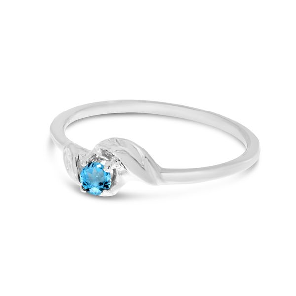 14K White Gold 3mm Round Blue Topaz Birthstone Leaf Ring Image 3 Rick's Jewelers California, MD