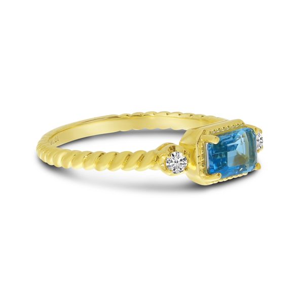 14K Yellow Gold Emerald Cut Blue topaz and Diamond Twist Band Ring Image 2 The Jewelry Source El Segundo, CA