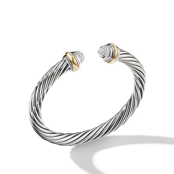Classic Cable Bracelet in Sterling Silver with 18K Yellow Gold and Pavé Diamond Domes, 7mm Orloff Jewelers Fresno, CA