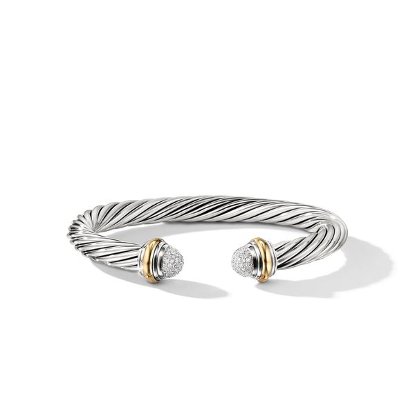 Classic Cable Bracelet in Sterling Silver with 18K Yellow Gold and Pavé Diamond Domes, 7mm Image 2 Orloff Jewelers Fresno, CA