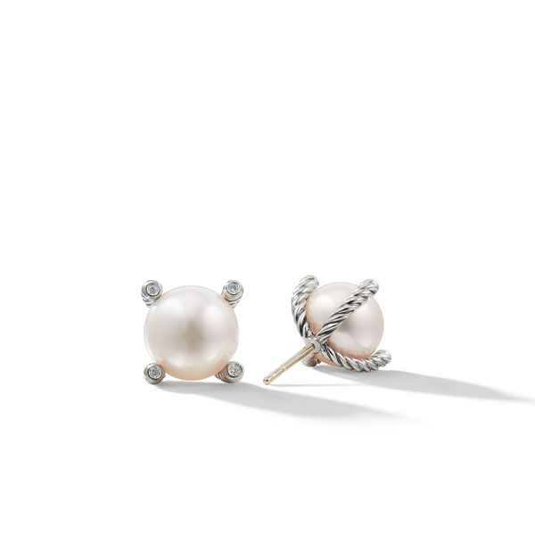 Pearl Stud Earrings in Sterling Silver with Pearls and Diamonds, 14mm Image 2 Orloff Jewelers Fresno, CA
