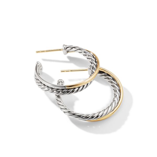 Crossover Hoop Earrings in Sterling Silver with 18K Yellow Gold, 26.5mm Image 2 Orloff Jewelers Fresno, CA