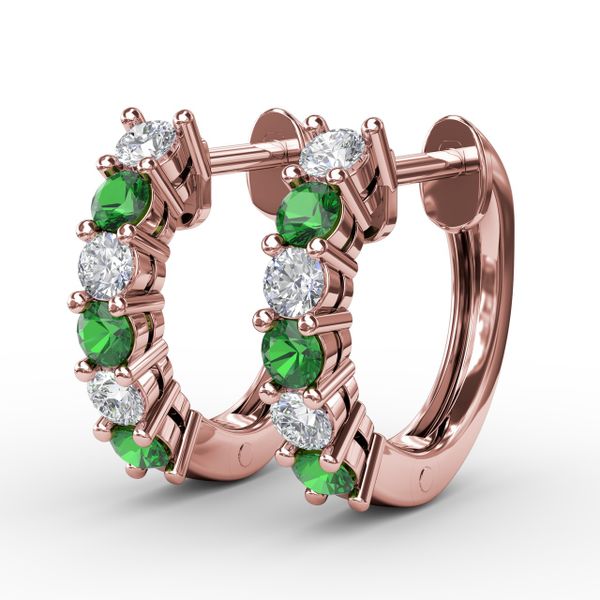 Shared Prong Emerald And Diamond Hoop Earrings  Image 2 Selman's Jewelers-Gemologist McComb, MS