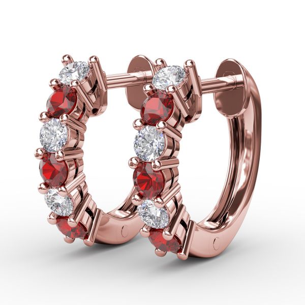 Shared Prong Ruby And Diamond Hoop Earrings Image 2 John Herold Jewelers Randolph, NJ