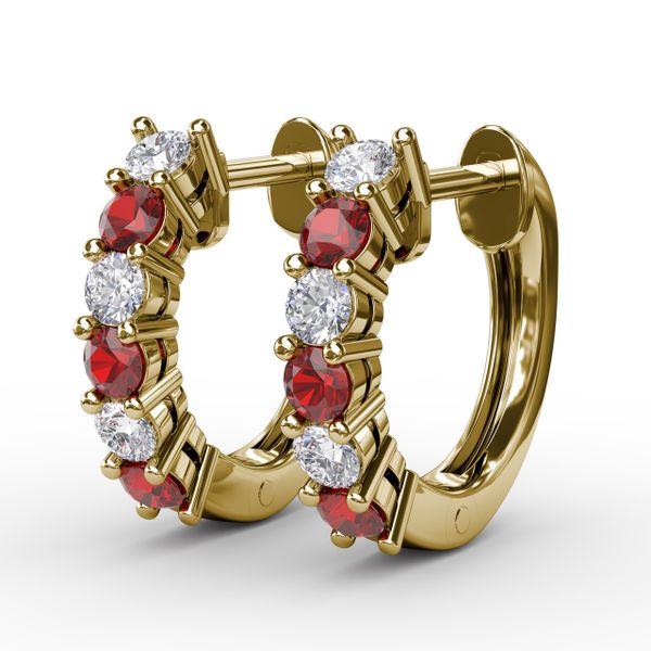 Shared Prong Ruby And Diamond Hoop Earrings  Image 2 Gaines Jewelry Flint, MI