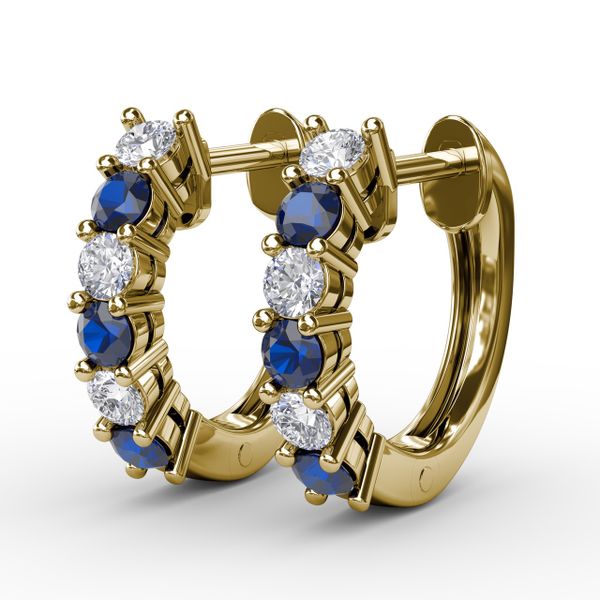 Shared Prong Sapphire And Diamond Hoop Earrings  Image 2 Parris Jewelers Hattiesburg, MS