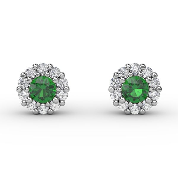 Shared Prong Emerald and Diamond Stud Earrings  John Herold Jewelers Randolph, NJ