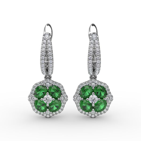Steal The Spotlight Emerald and Diamond Cluster Drop Earrings S. Lennon & Co Jewelers New Hartford, NY
