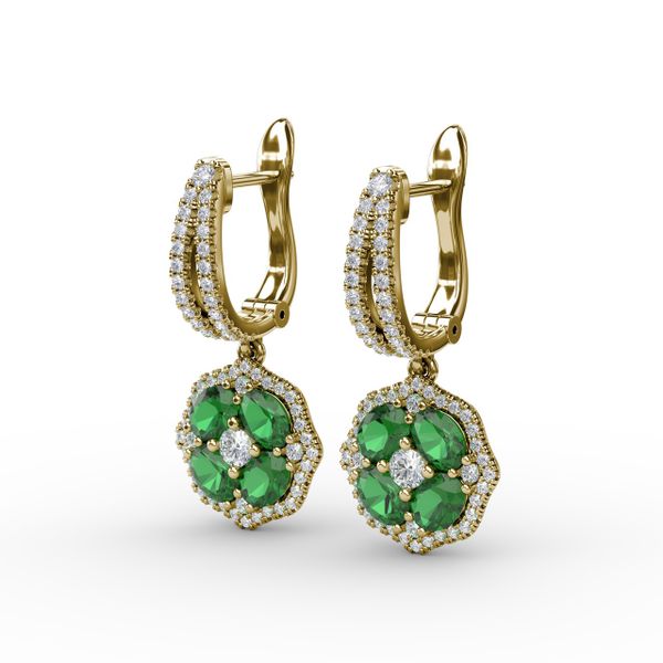 Steal The Spotlight Emerald and Diamond Cluster Drop Earrings Image 2 Castle Couture Fine Jewelry Manalapan, NJ