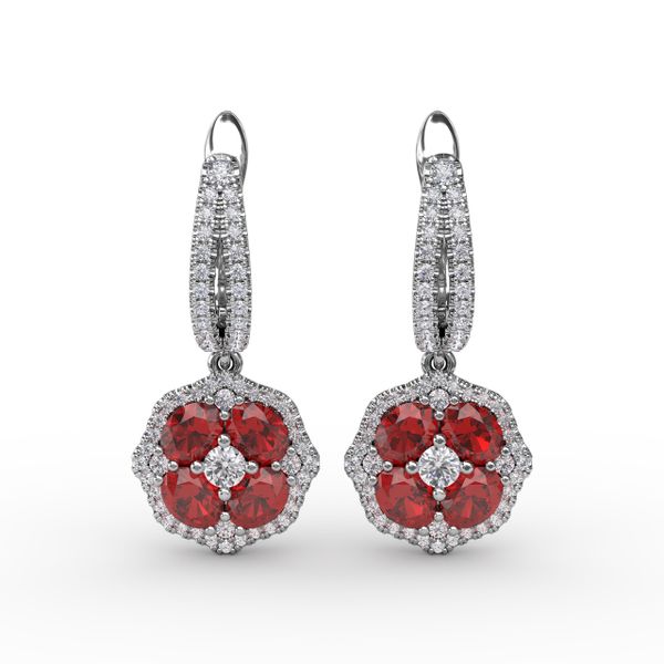 Steal The Spotlight Ruby and Diamond Cluster Drop Earrings John Herold Jewelers Randolph, NJ