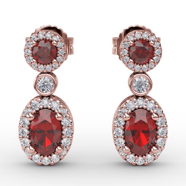 Set the Scene Ruby and Diamond Dangle Earrings Sanders Diamond Jewelers Pasadena, MD
