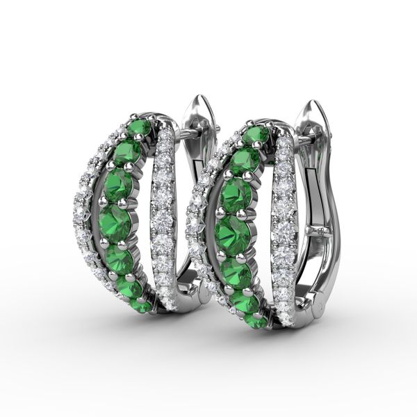 Emerald and Diamond Hoop Earrings  Image 2 Cornell's Jewelers Rochester, NY