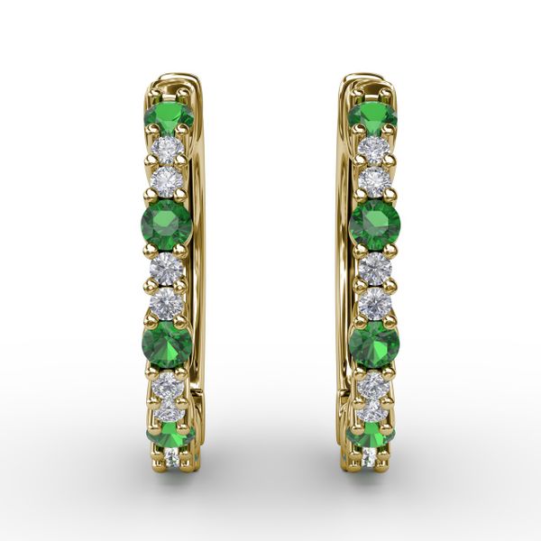 Shared Prong Emerald and Diamond Hoops Parris Jewelers Hattiesburg, MS