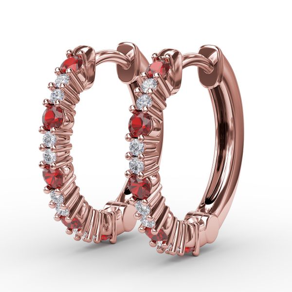 Shared Prong Ruby and Diamond Hoops Image 2 Mesa Jewelers Grand Junction, CO
