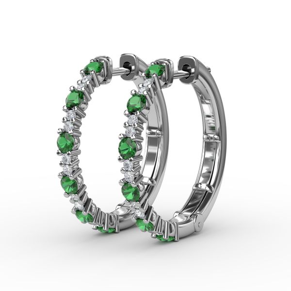 Precious Emerald and Diamond Hoop Earrings Image 2 Gaines Jewelry Flint, MI