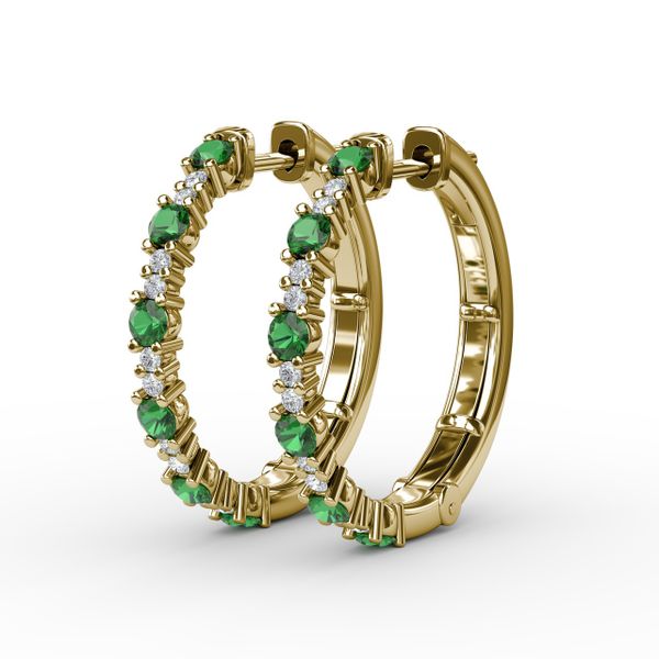 Precious Emerald and Diamond Hoop Earrings Image 2 J. Thomas Jewelers Rochester Hills, MI
