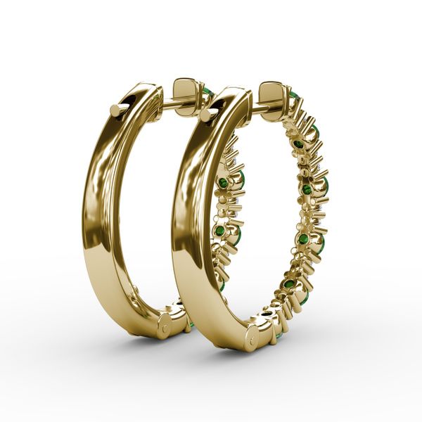 Precious Emerald and Diamond Hoop Earrings Image 3 Falls Jewelers Concord, NC