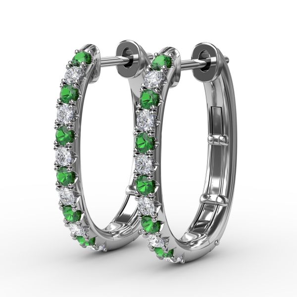 Alternaing Emerald and Diamond Hoop Earrings  Image 2 John Herold Jewelers Randolph, NJ