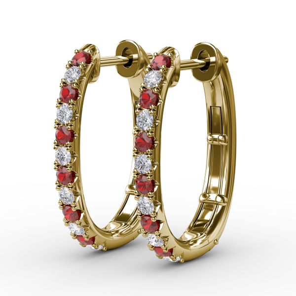 Alternaing Ruby and Diamond Hoop Earrings  Image 2 Sanders Diamond Jewelers Pasadena, MD
