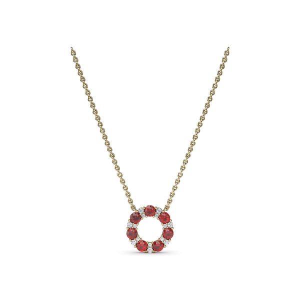 Shared Prong Ruby and Diamond Circle Necklace Graham Jewelers Wayzata, MN
