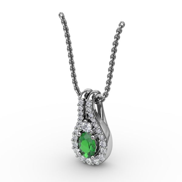 Halo Teardrop Emerald and Diamond Pendant  Image 2 D. Geller & Son Jewelers Atlanta, GA