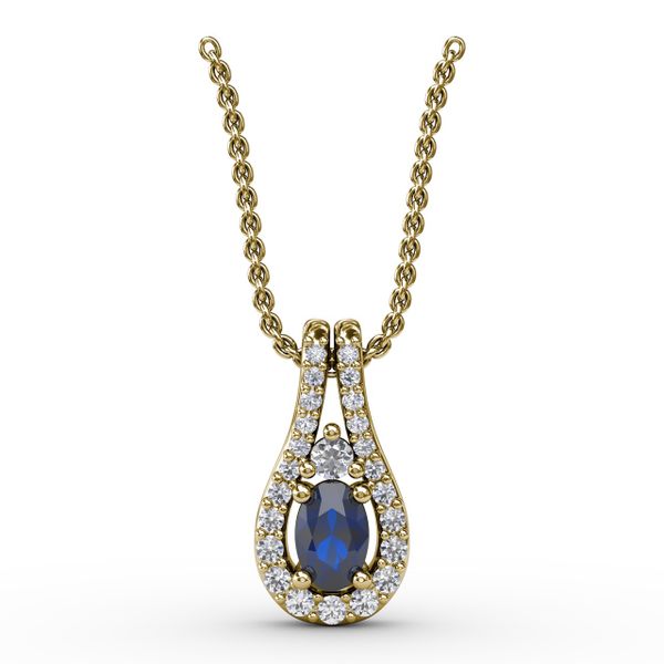 Halo Teardrop Sapphire and Diamond Pendant  Mesa Jewelers Grand Junction, CO
