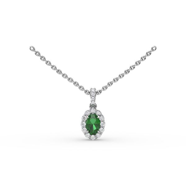 Emerald and Diamond Halo Necklace  S. Lennon & Co Jewelers New Hartford, NY