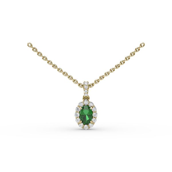 Emerald and Diamond Halo Necklace  John Herold Jewelers Randolph, NJ
